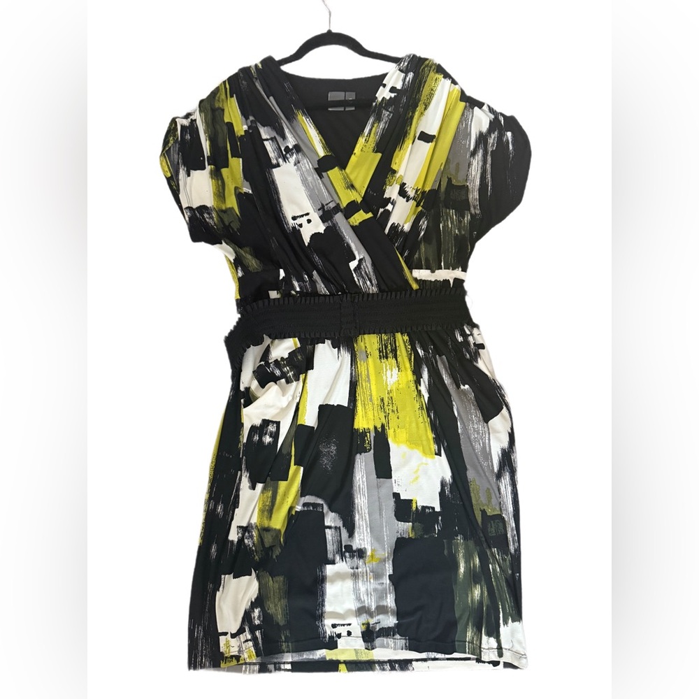 Muse Black, White, and Yellow Brushstroke Midi Dress